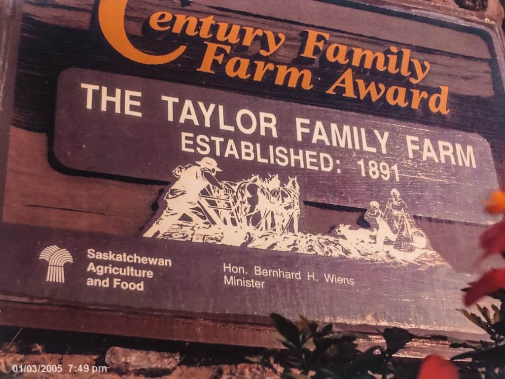 A Century Family Farm Award plaque dedicated to the Taylor Family Farm established in 1891, presented by Saskatchewan Agriculture and Food.